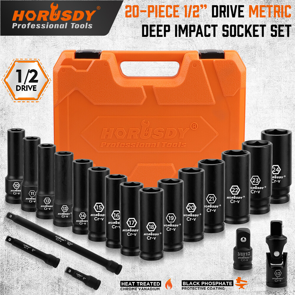20PC Deep Socket Set Impact 1/2″ Drive Extension Bars Flexible Adapter 10-24mm