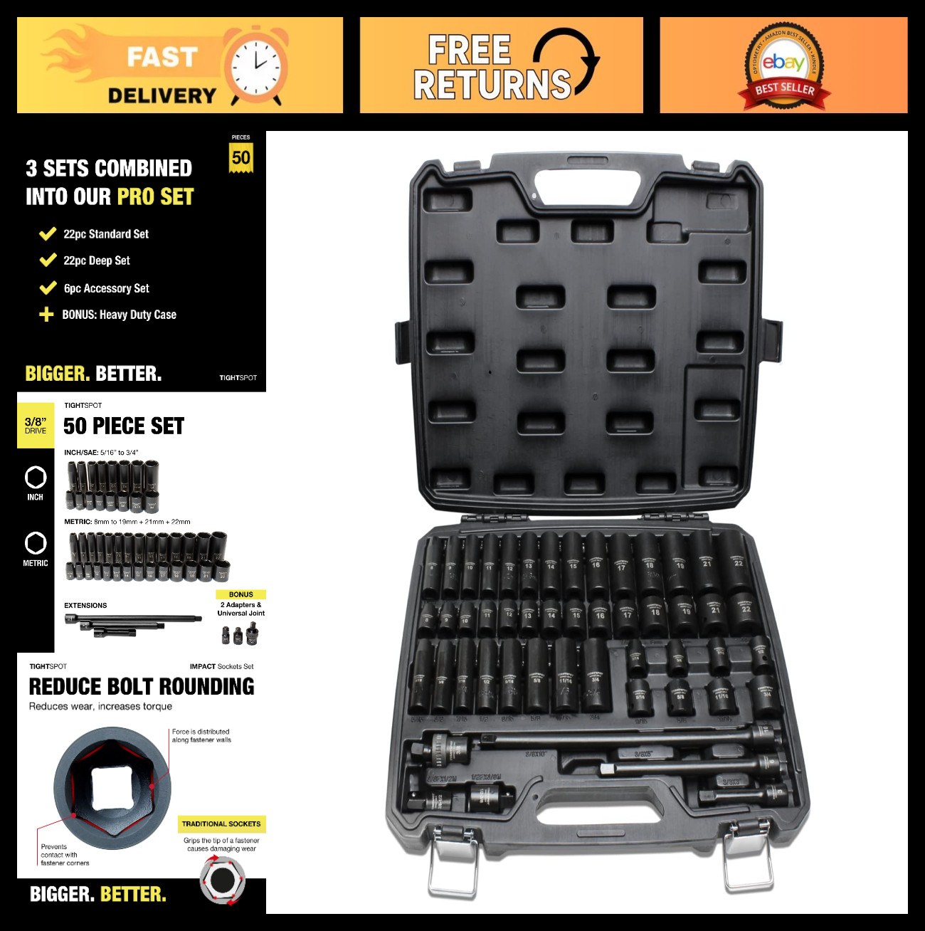50pc Impact Socket Set 3/8″ Drive – SAE & Metric Standard/Deep Sockets, Extensio