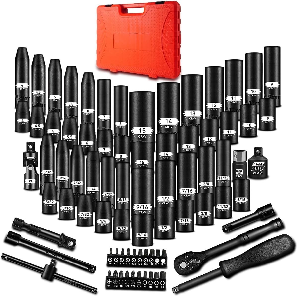 79 PCS 1/4» Drive Impact Socket Set, SAE(5/32- 9/16inch) & Metric(4-15mm) Size