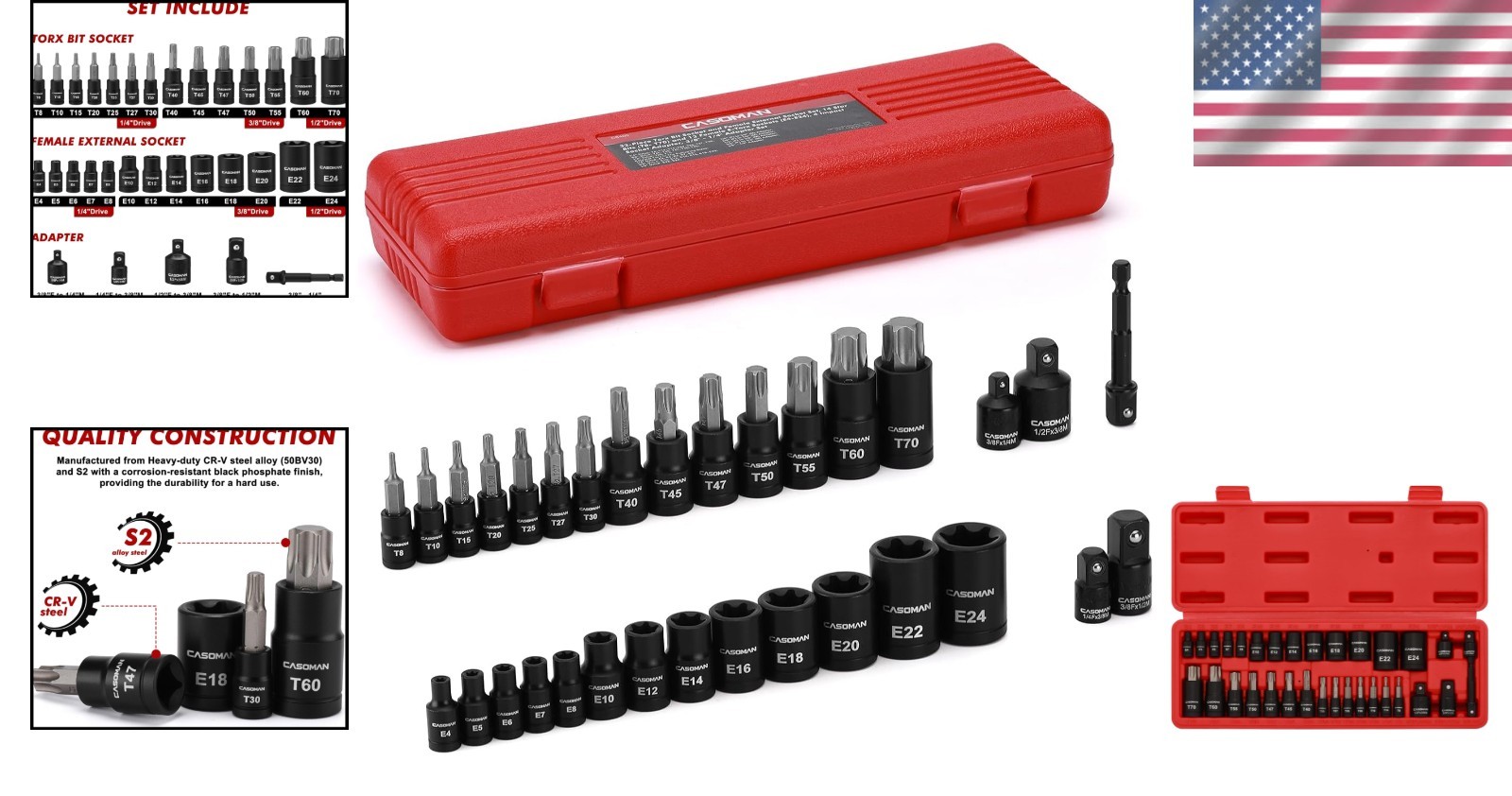 CASOMAN 32-Piece Torx Bit Socket and Female 32Piece (T8-T70 & E4-E24)