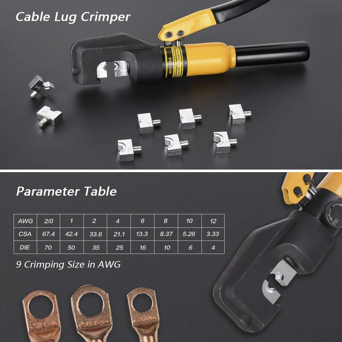 10 Tons Hydraulic Crimping Tool Battery Cable Lug Terminal Yellow, Black
