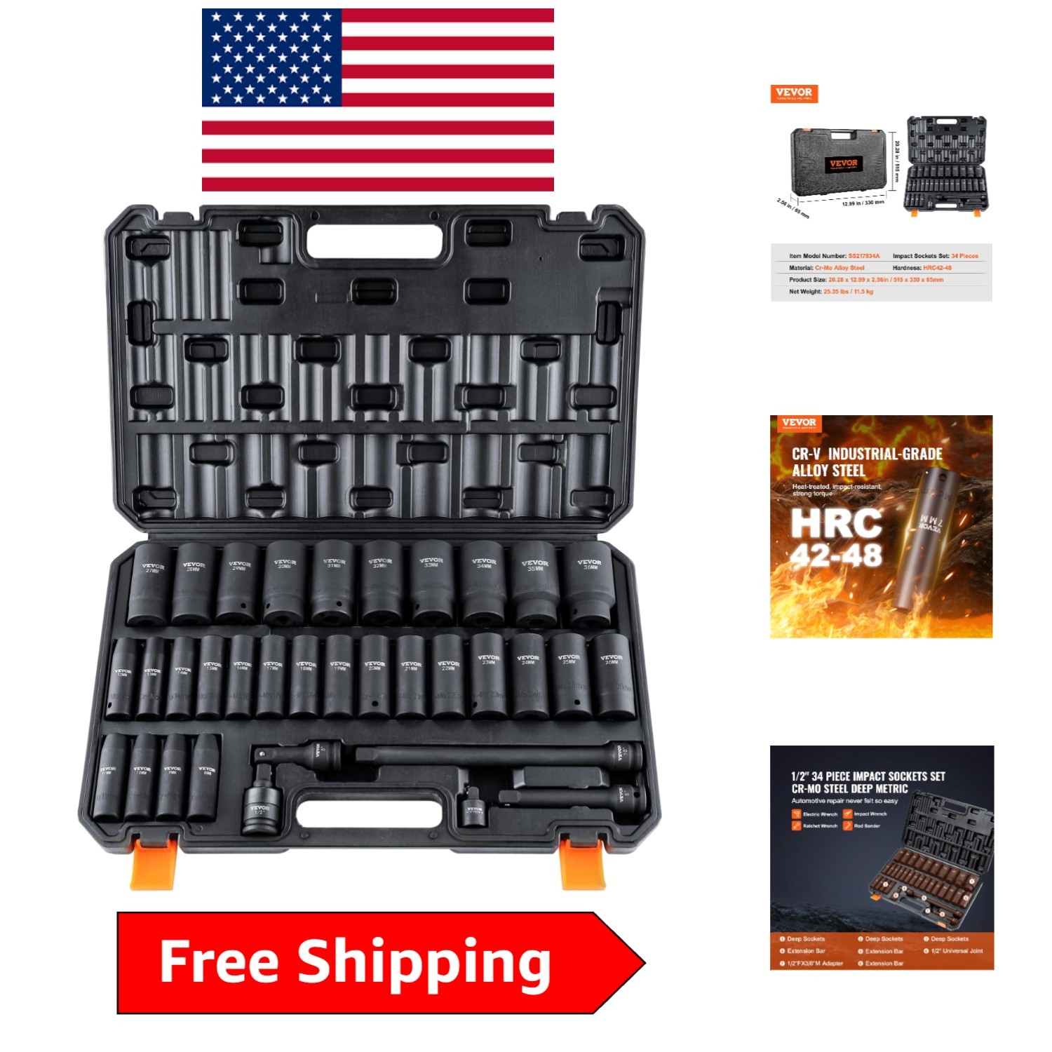 Durable 34pc Cr-Mo 1/2 Drive Socket Set for Auto Repair, Includes Storage Case