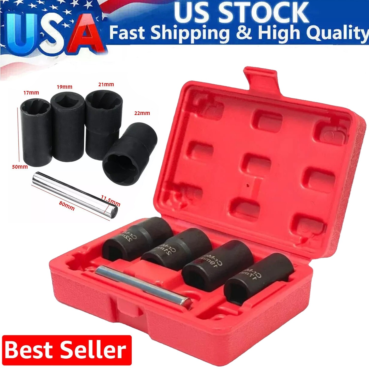 5Pc 1/2” Twist Socket Drive Wheel Lug Nut Damaged,Stripped Remover 17 19 21 22mm