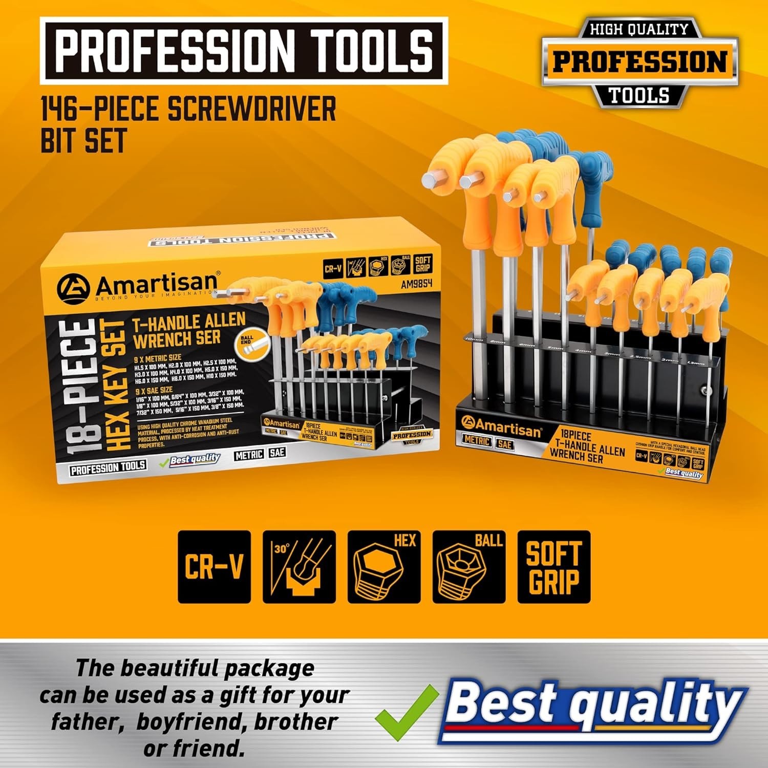 Juego de 18 llaves Allen con mango en T, métricas 1,5 mm-10 mm y SAE 1/16″-3/8″.