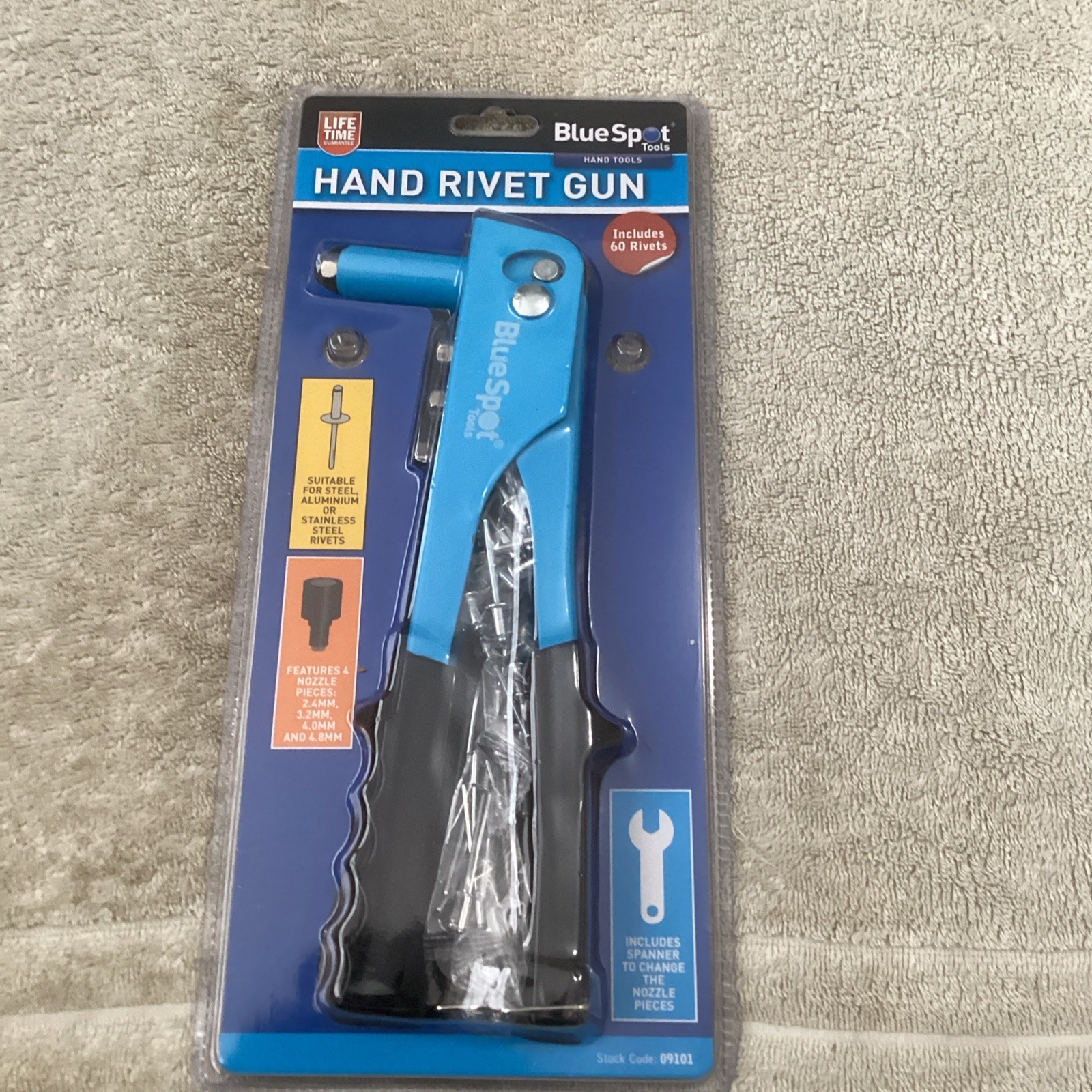 Blue Spot Hand Rivet Gun With 4 Sized Nozzles And Pack Of 60 Rivets