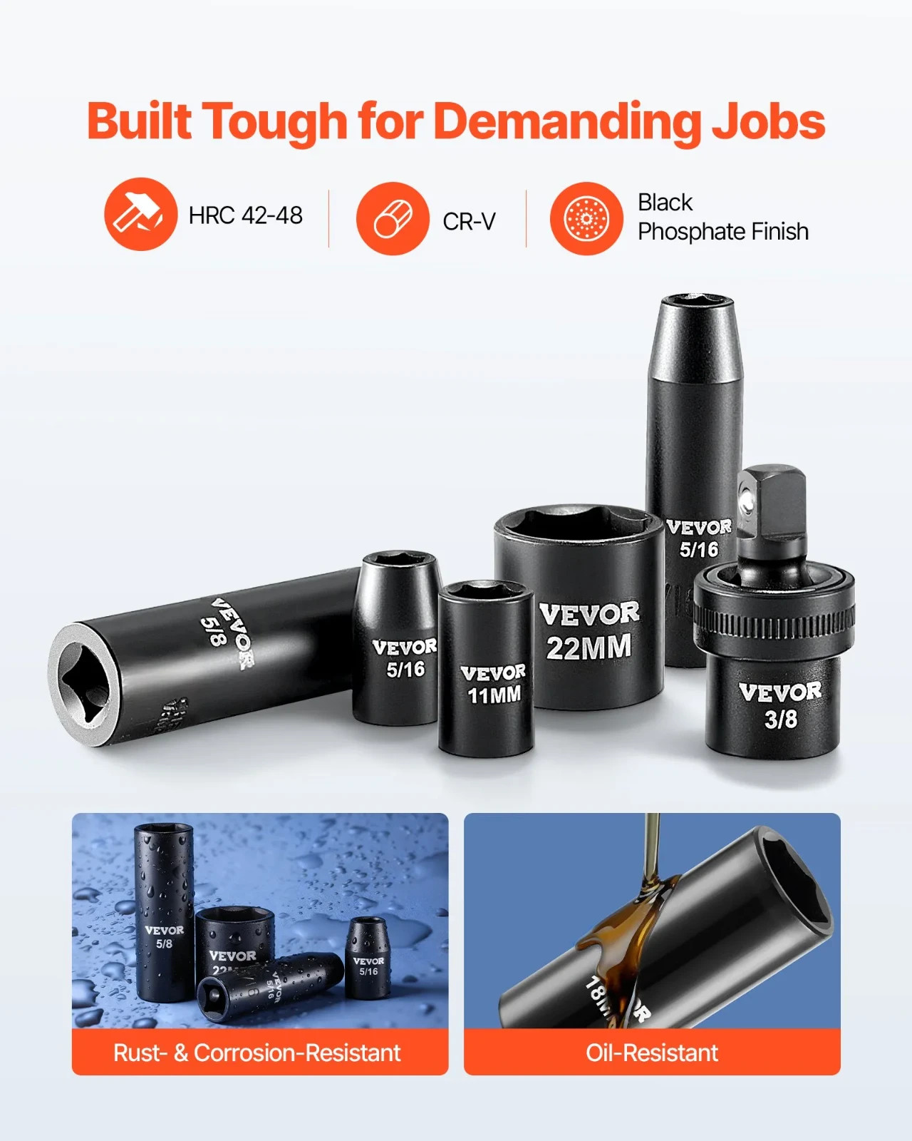 VEVOR 50-Piece 3/8″ Drive Impact Socket Set, SAE & Metric Deep and Shallow