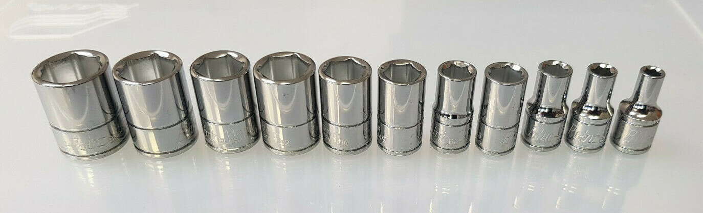 BLUE POINT ™NEW 1/4″ DRIVE SHALLOW CHROME METRIC SOCKET SET 4MM – 14MM