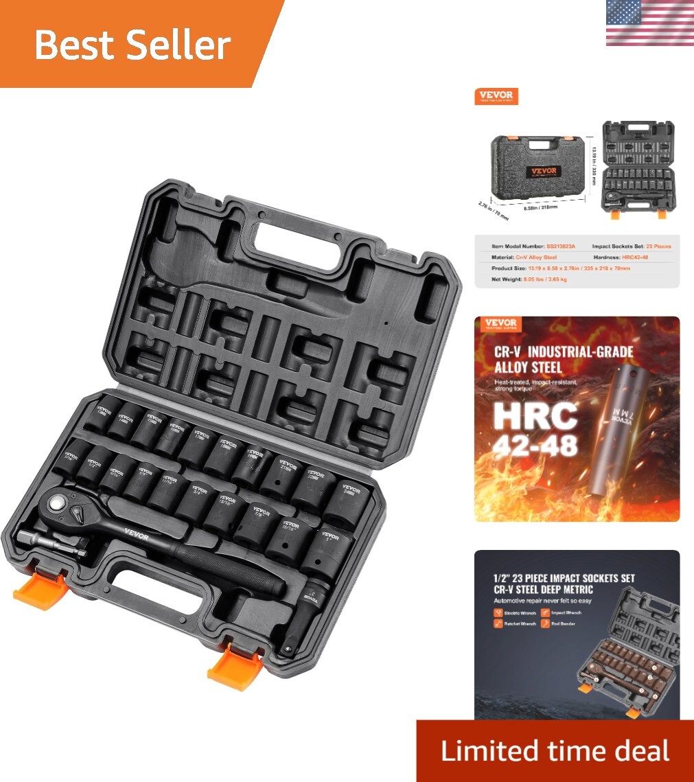 Versatile 1/2″ Drive Impact Socket Set, 23 Pieces – SAE & Metric, Easy Storage