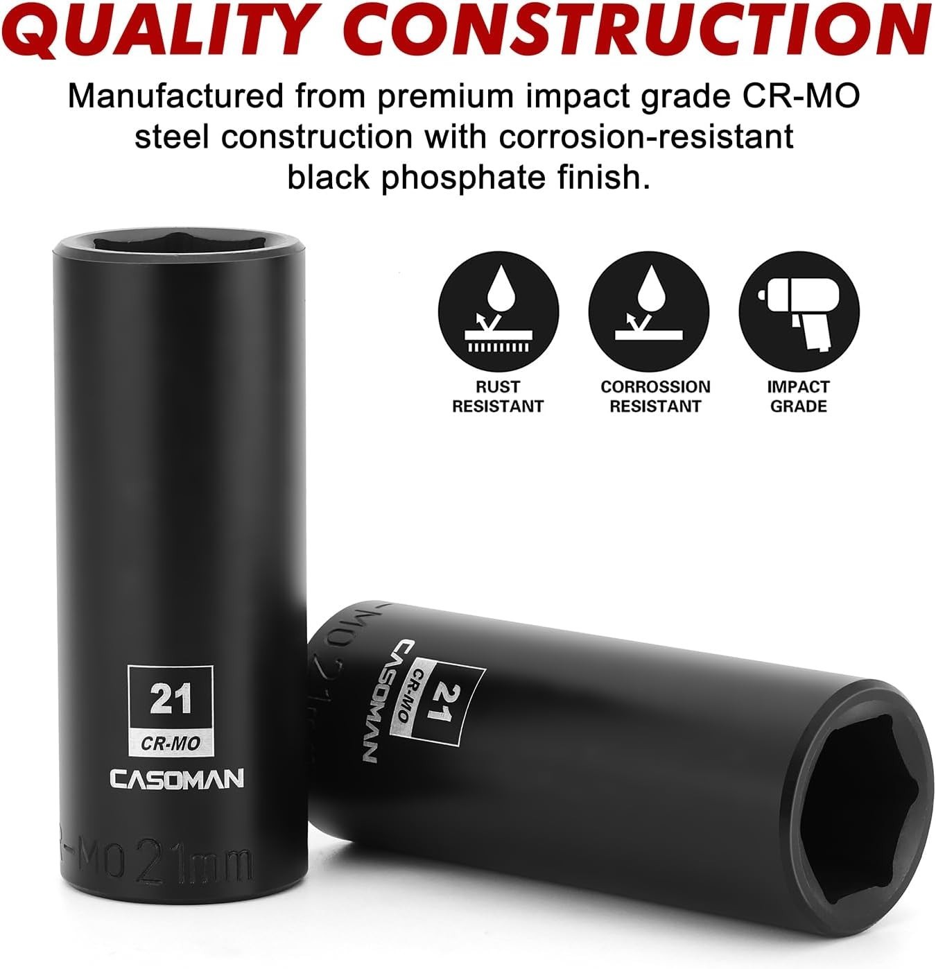 6-Point 21mm Deep Impact Socket, Chrome Molybdenum Steel for Impact Wrenches