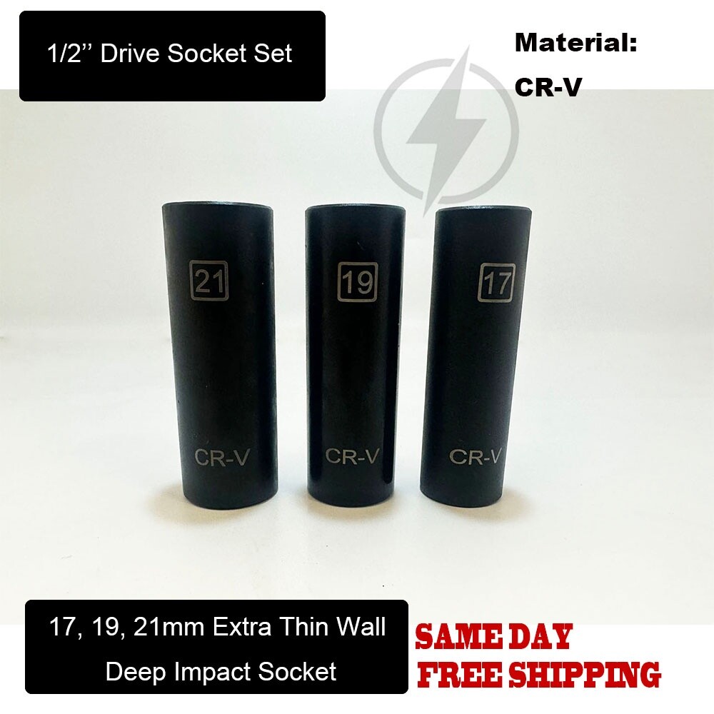 3Pc 1/2″ Drive 17mm, 19mm, 21mm Extra Thin Wall Deep Impact Socket Set CR-V