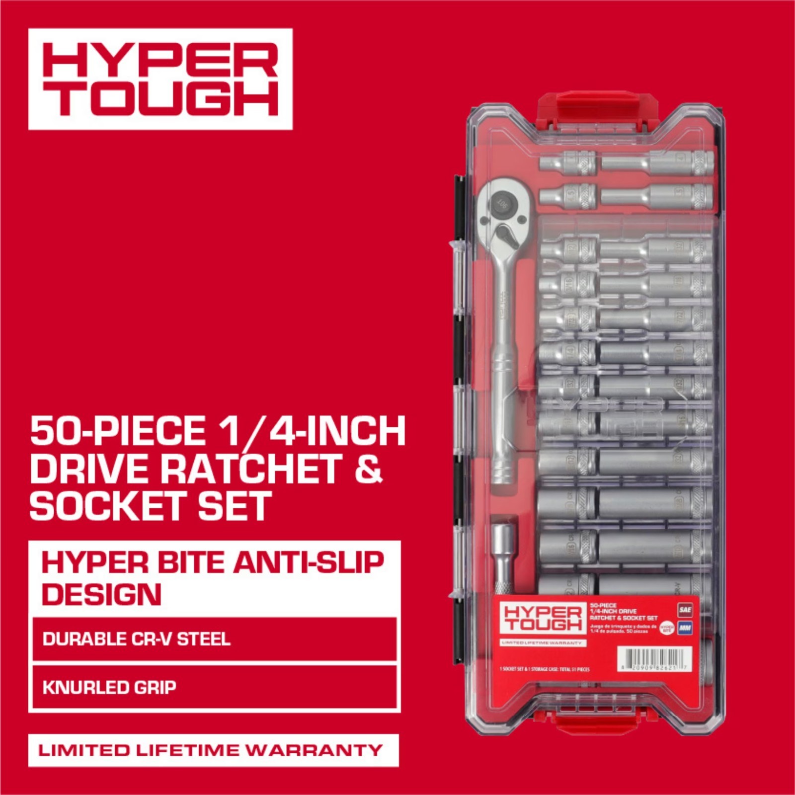 Hyper Tough 1/4-Inch Drive Ratchet and Socket Set, SAE and Metric, 50 Pieces