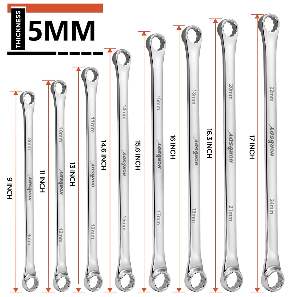 8PCS 8-24mm Extra Long Aviation Wrench Set Double Ring Spanner 12 Point CR-V