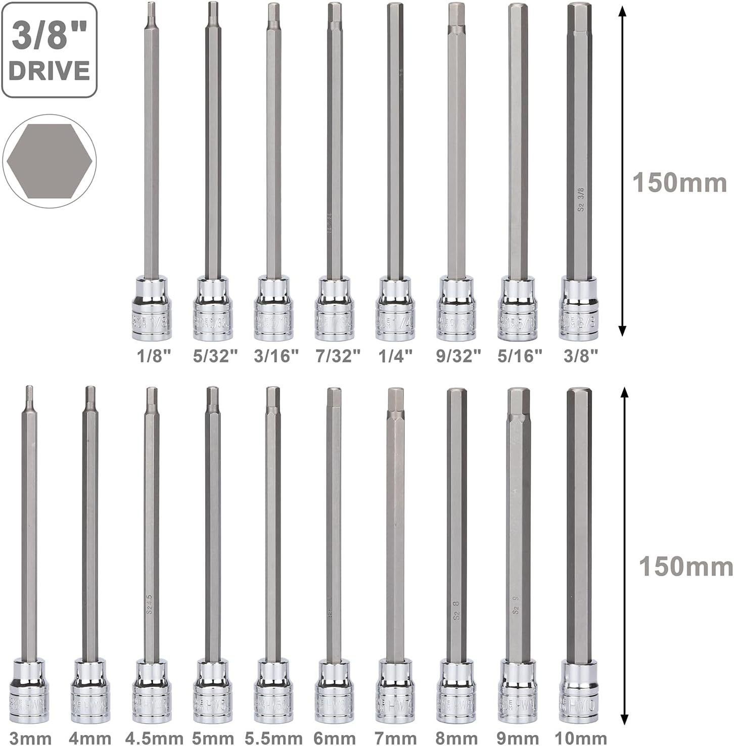 3/8″ Drive Extra Long Allen Hex Bit Socket Set, S2&CR-V, Metreic&SAE, 18 Piec…