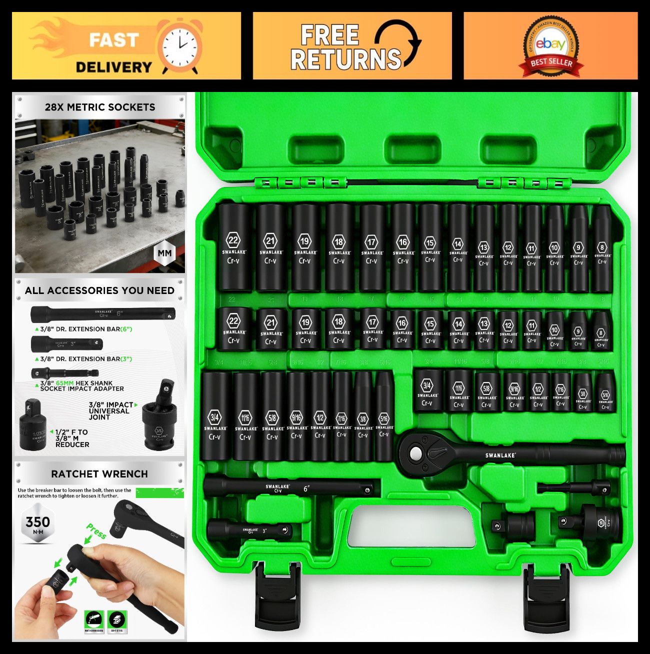 50-Piece Impact Socket Set, 3/8″ Drive, SAE & Metric, 6 Point, Cr-V, Ratchet & E