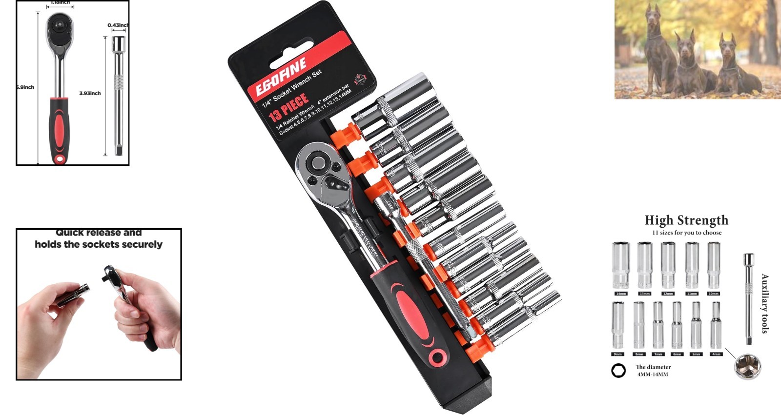 13PCS 1/4″ Drive Deep Socket Set, 4-14MM Cr-V Steel for Professionals