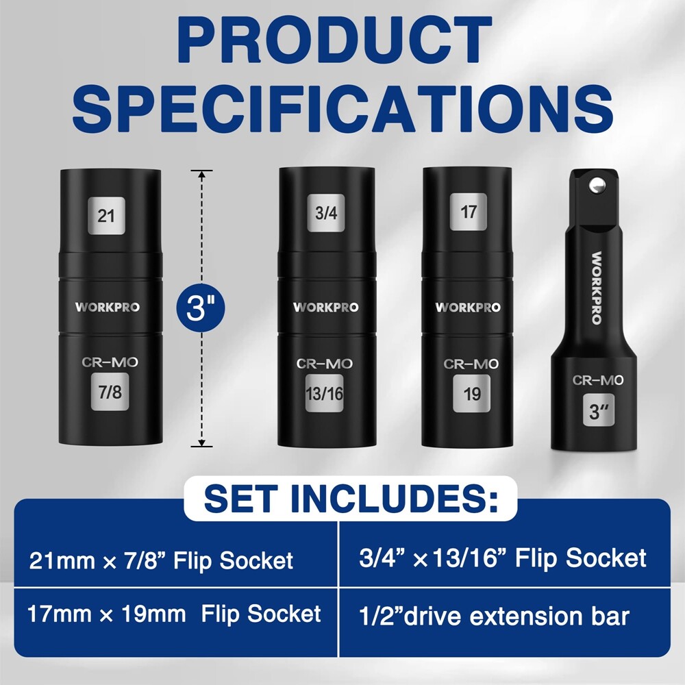 WORKPRO 4PC 1/2″ Dr Impact Socket Set Lug Nut Wheel 3″ Extension Bar Flip Socket
