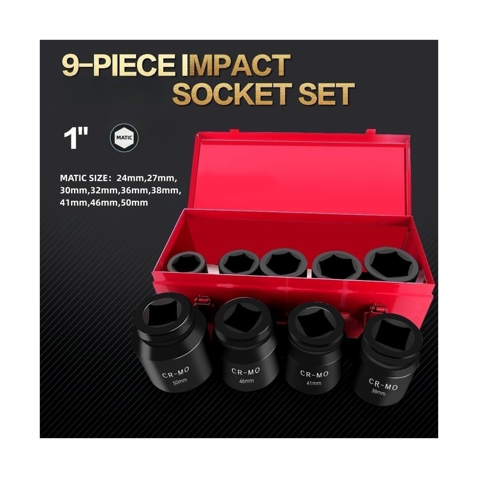 1″ Inch Drive Deep Impact Socket Set,9 Pieces,6-Point,Metric Sizes(24mm,27mm,…