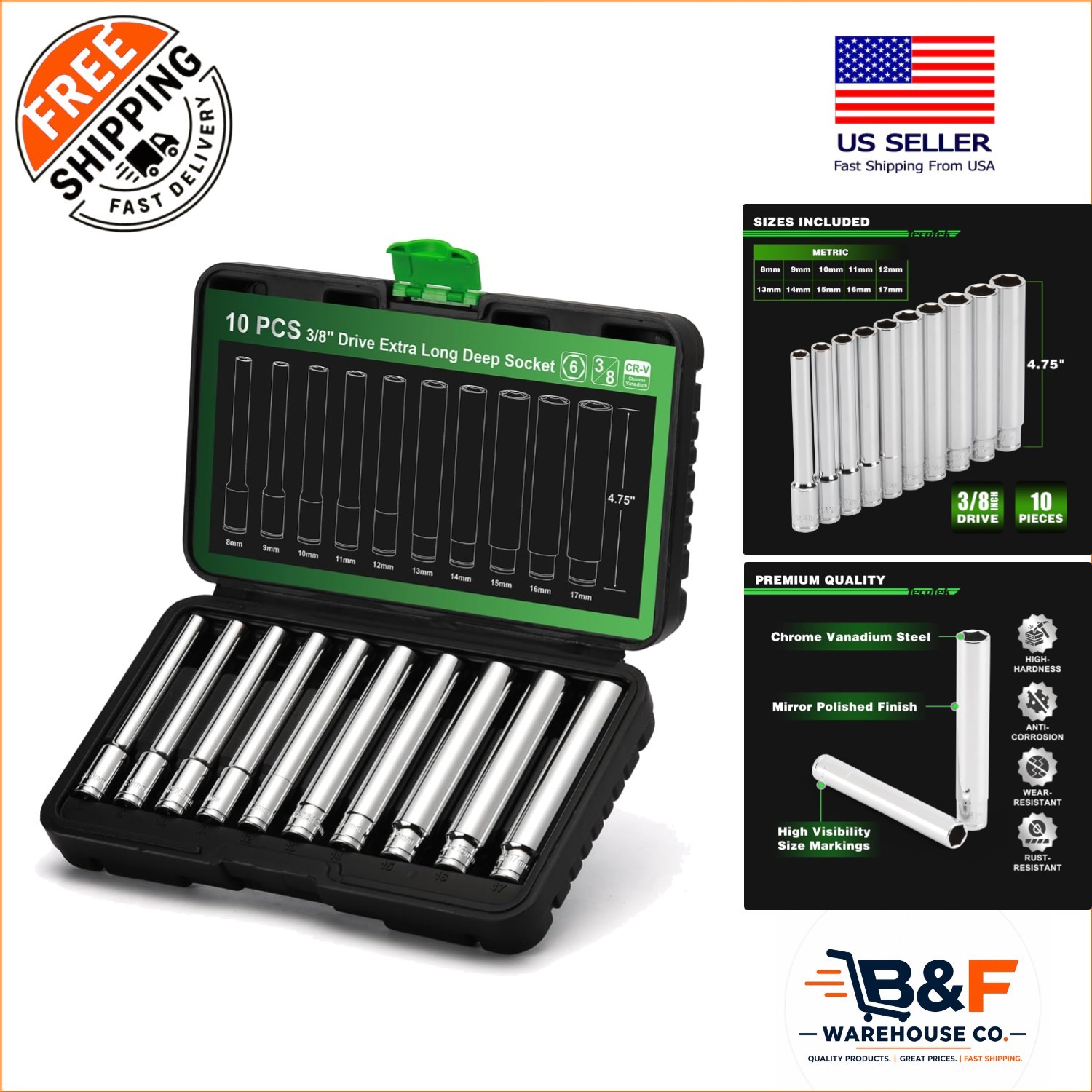 10PC 3/8-Inch Drive Extra Deep Metric Socket Set for Professionals – 8mm-17mm