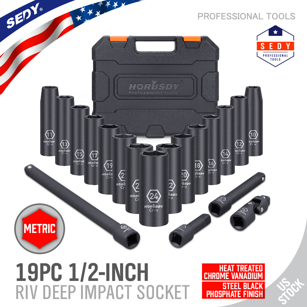 1/2-Inch Drive Deep Impact Socket Set Metric CR-V 6 Point 19PC 10mm – 24mm Case
