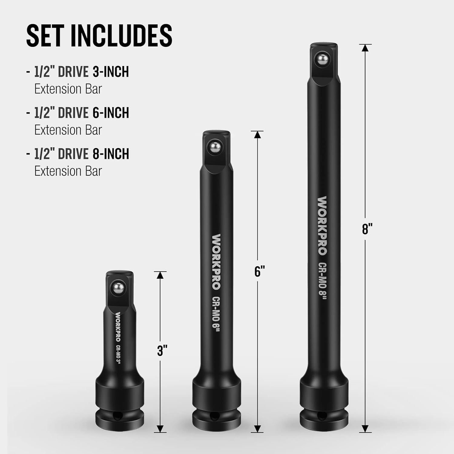 WORKPRO 1/2-Inch Drive Impact Extension Bar Sets, 3 Piece-3, 6, 8 Inch Socket