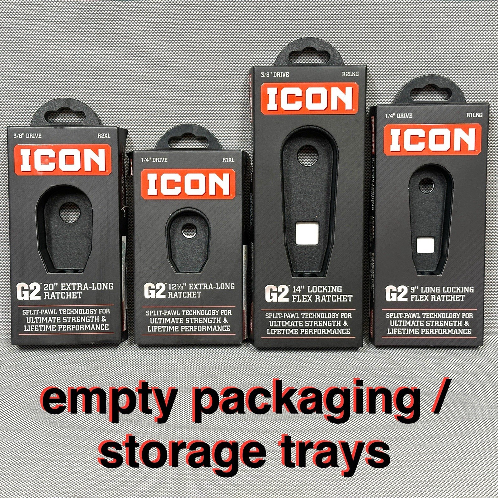 ICON G2 Ratchet Package / Storage Tray 1/4” + 3/8” Extra Long + Flex – LOT OF 4