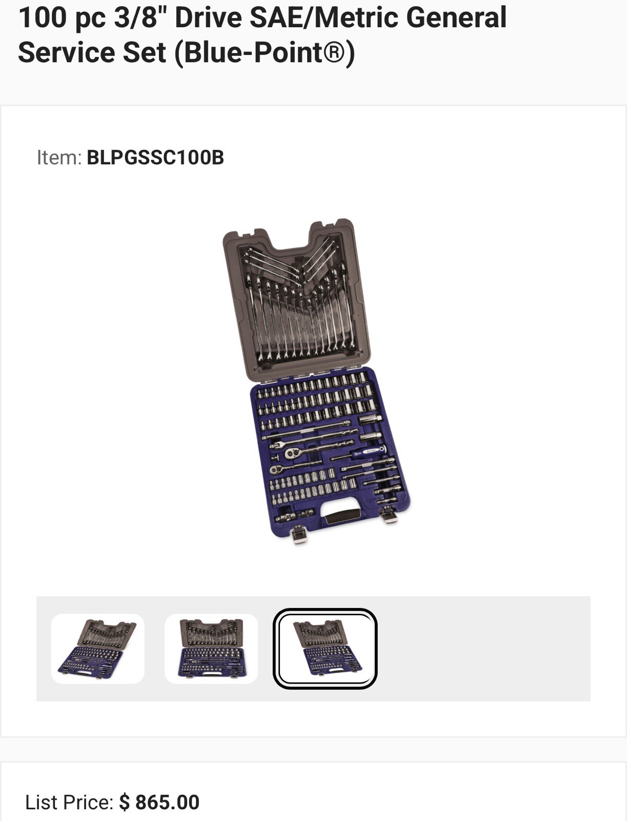100 pc 3/8″ Drive SAE/Metric General Service Set (Blue-Point®)