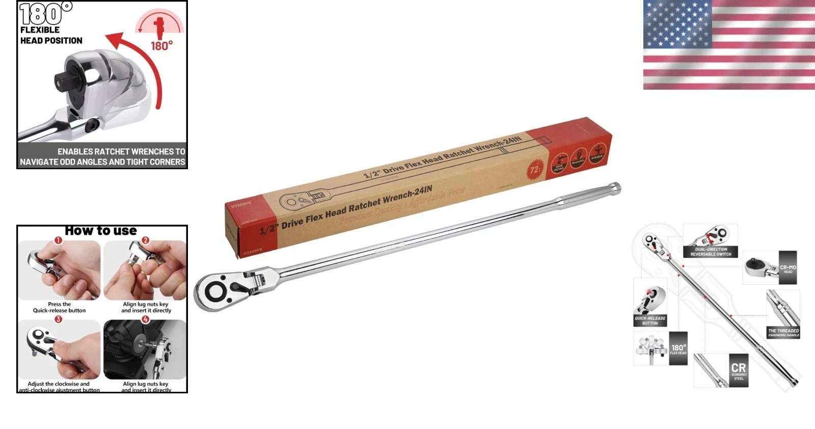 Pro 1/2 Drive Ratchet – 24″ Flex Head, 72 Tooth, Cr-Mo, Quick Release