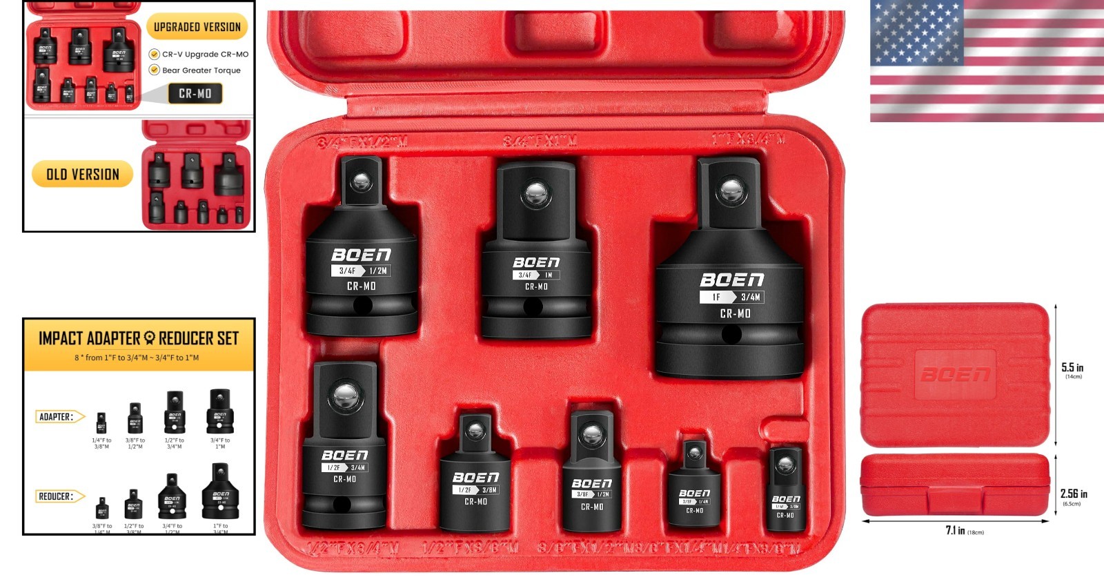 8-Piece Socket Adapter and Reducer Set with Corrosion Resistance Coating