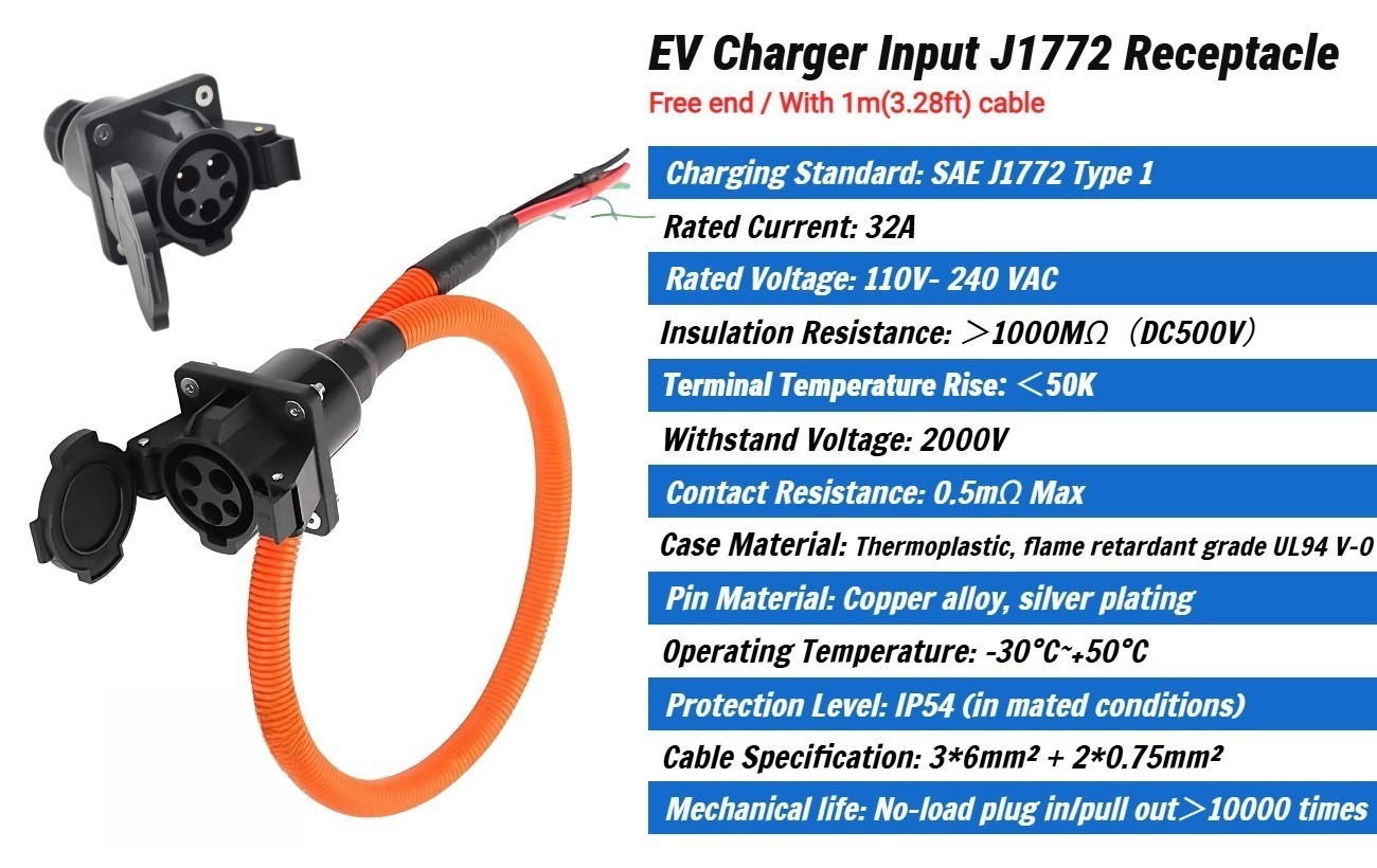 Level 1 and 2 SAE J1772 EV Socket-Inlet, Type 1 Receptacle, 32Amp, 110V-240V