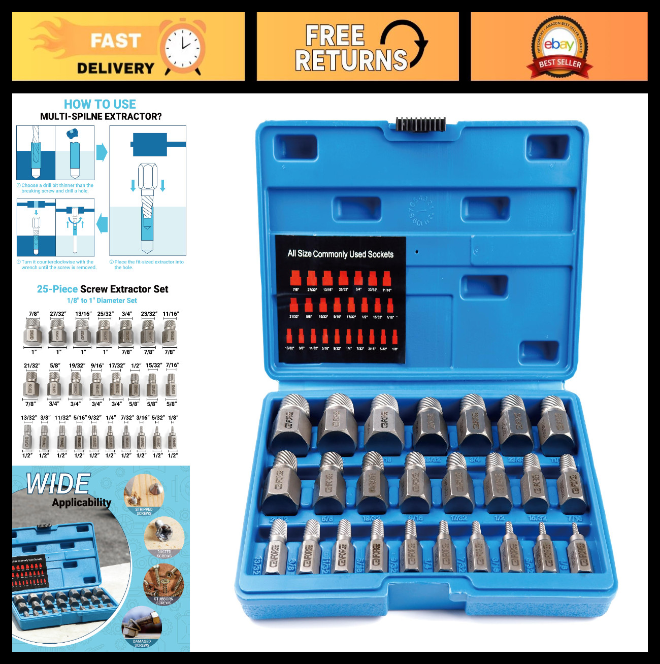25-Piece Heavy Duty Screw Extractor Set, Hex Head Bolt Remover, Chrome Moly Stee