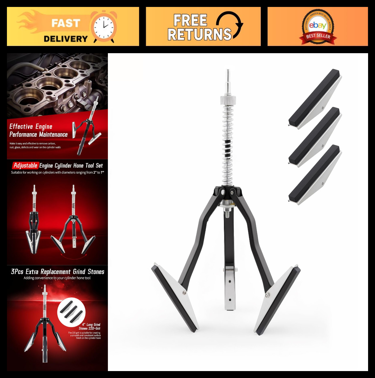 Adjustable Cylinder Hone Tool for Engine Repair, 2″ to 7″ Diameter, 3PC Stones 2