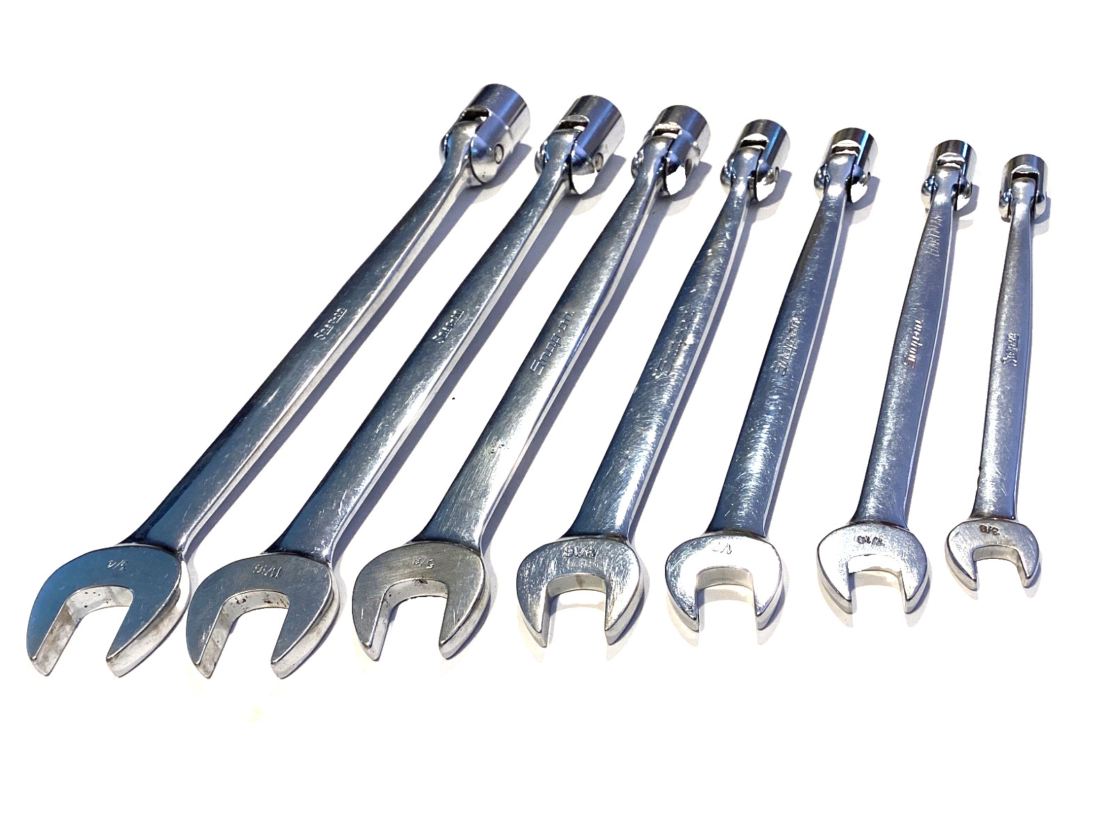 Snap On USA 7 Piece SAE Socket Flex Head Open End Combination Wrench Set FHO607