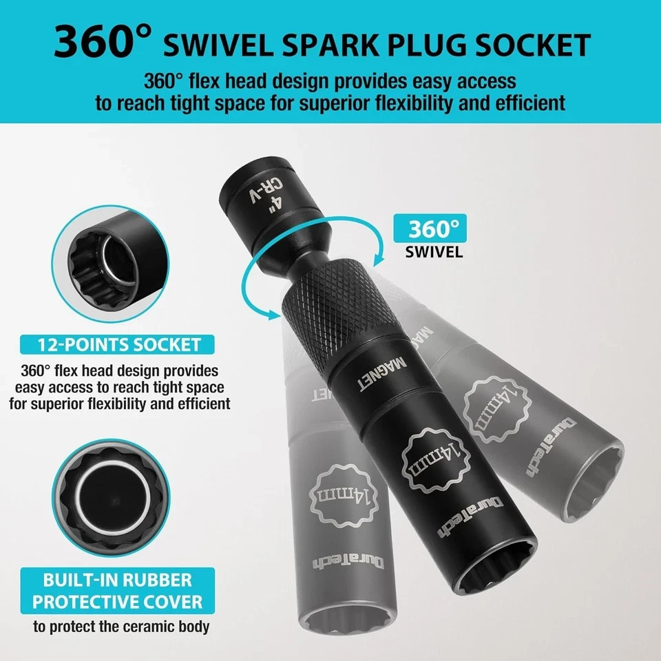 DURATECH 14mm Swivel Magnetic Spark Plug Socket, 14MM x 3/8″ x 4″