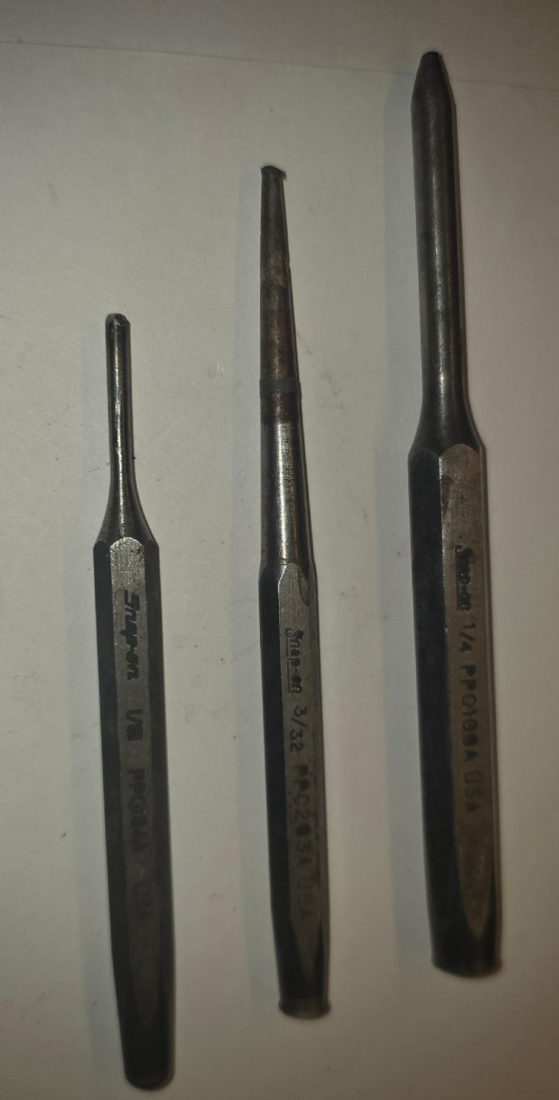 Snap On 1/8″ PPC104A, 3/32″ PPC203A, 1/4″ PPC108A Pin Punches (Set of 3)