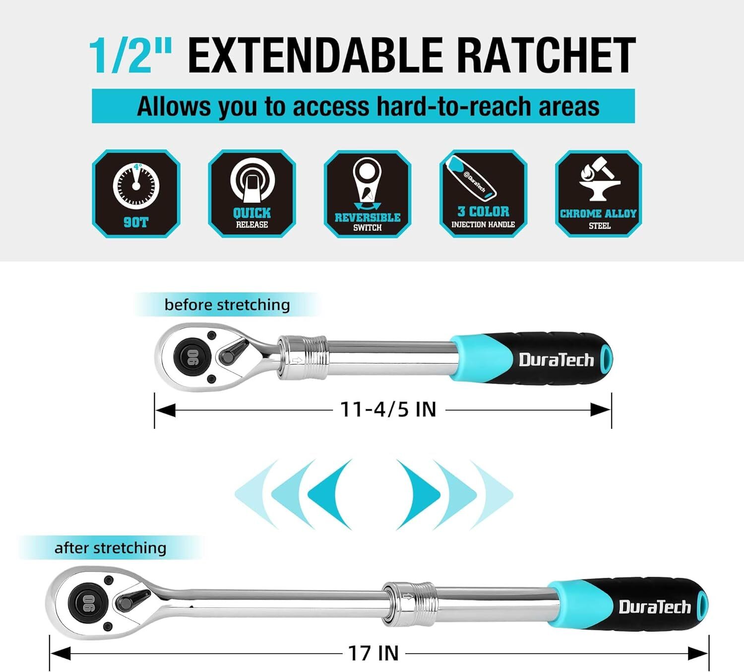 DURATECH 1/2″ Drive Extendable Ratchet Handle 90-Tooth Quick-Release Alloy Steel