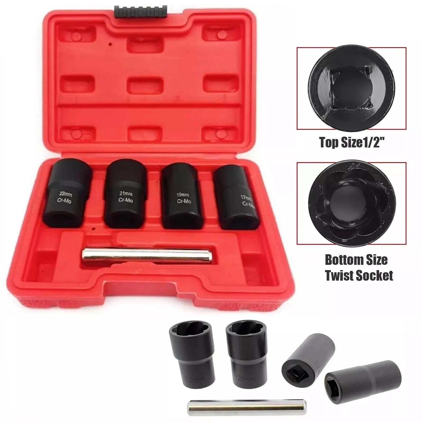 5Pcs Twist Socket 1/2” Drive For Wheel Lug Nut Damaged Removal and Extractor
