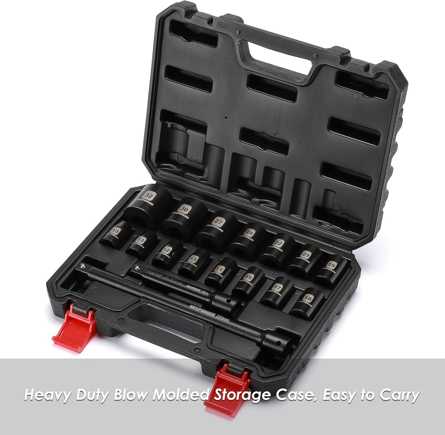 17 Pieces 1/2-Inch Drive Shallow Impact Socket Set, Includes 10mm to 32mm, 5″, 1