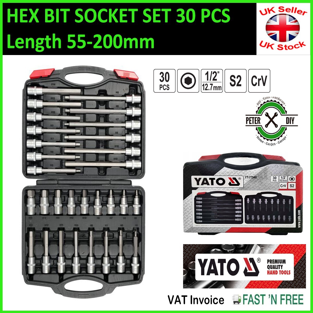 HEX BIT SOCKET SET 30 PCS Length 55-200mm S2 steel 1/2″ Drive YATO YT-77540