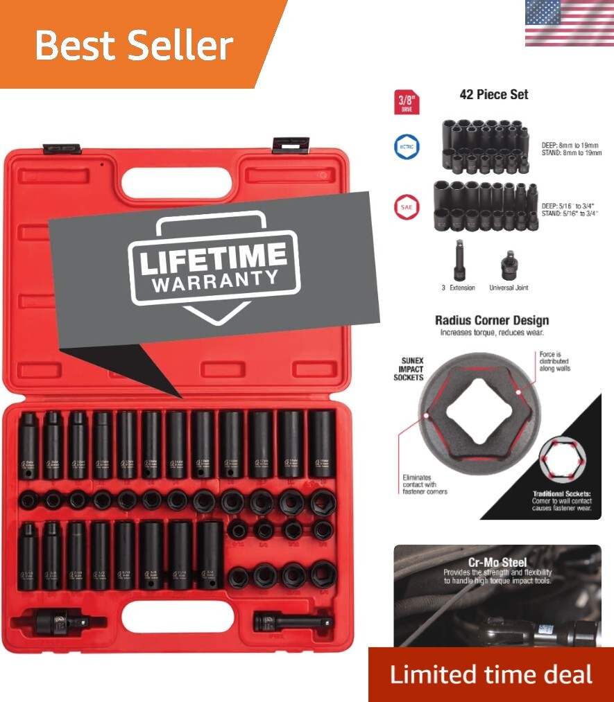 Comprehensive 3/8 Drive Impact Socket Set – 42 Pieces with CR-MO Steel Quality