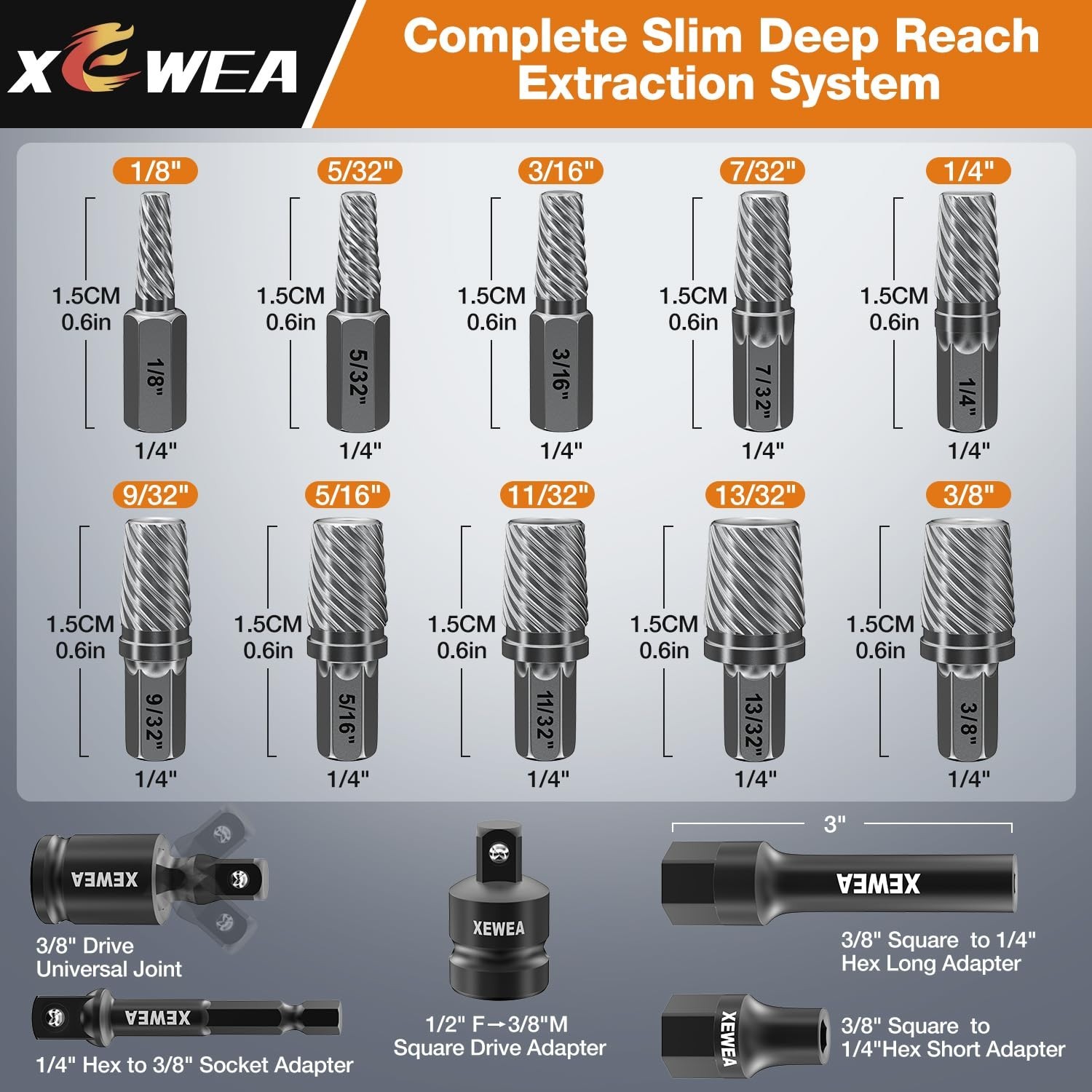15PCS Bolt Screw Extractor Set – Long Slim Easy Out Tool Kit for Stripped, Ruste