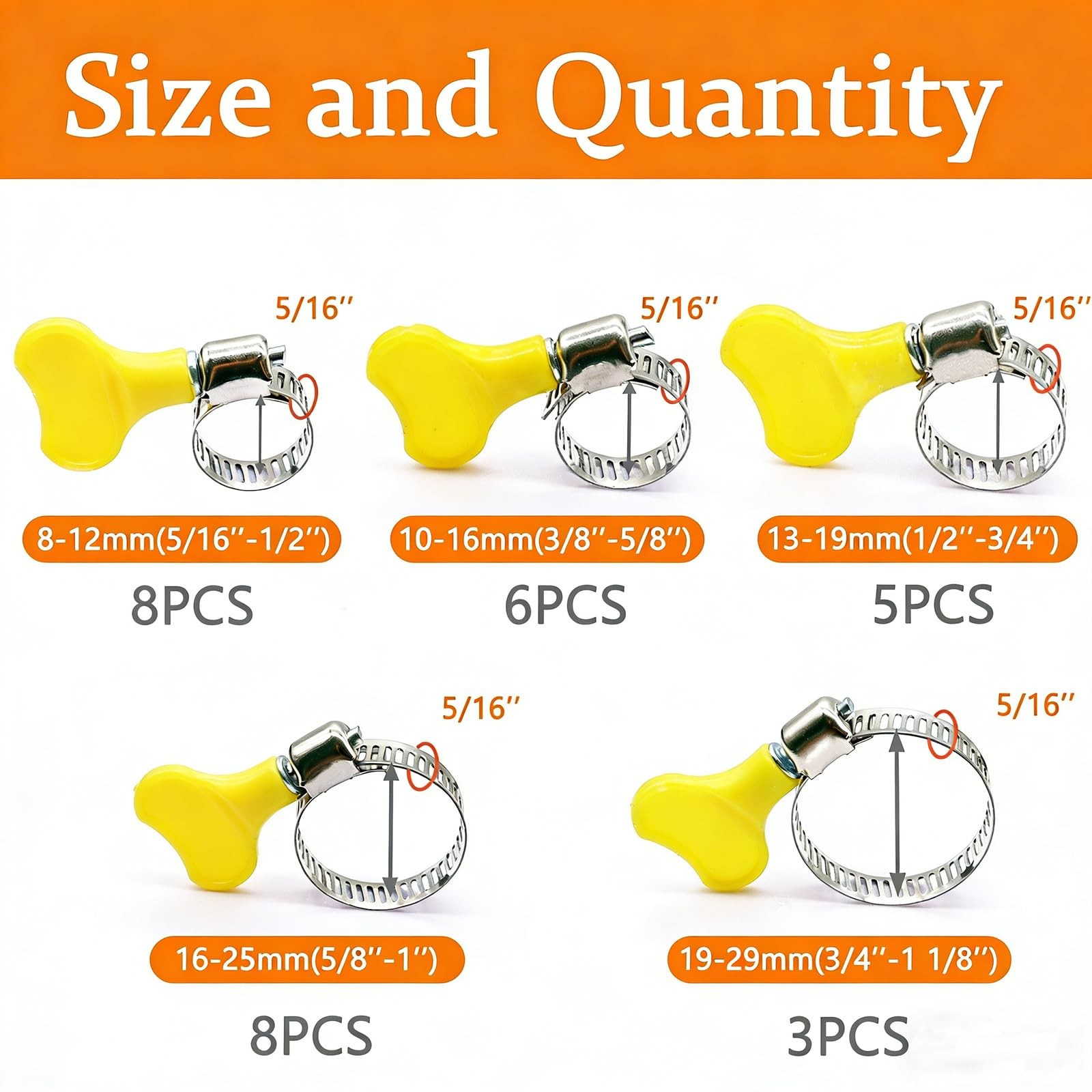 Dianrui 30 PCS Thumb Screw Hose Clamps Assortment 30PCS(5/16″-1-1/8″), Yellow