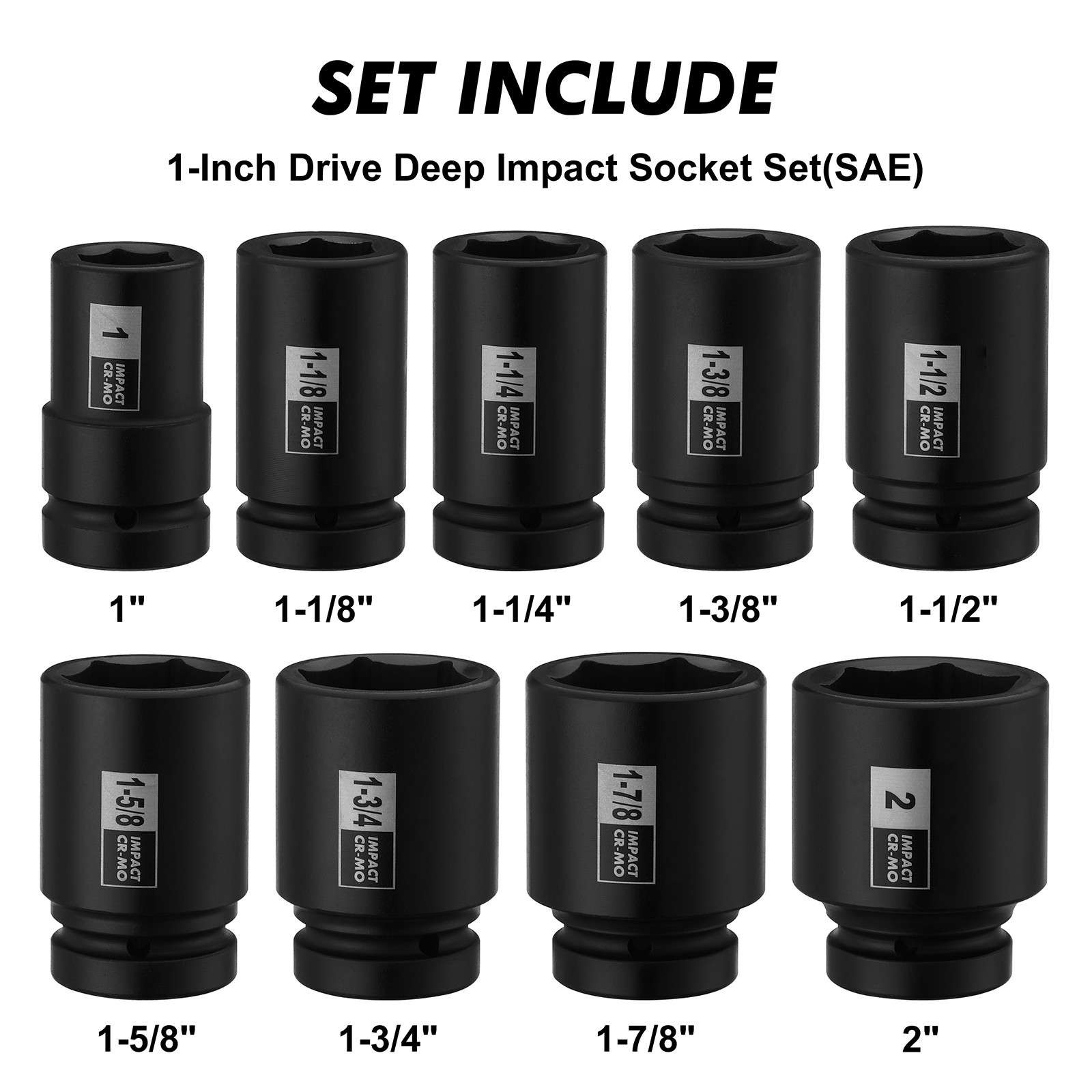 1″ Drive Spindle Axle Nut Impact Socket Set Deep 1″ to 2″ 9PCS 6-Point SAE CR-MO