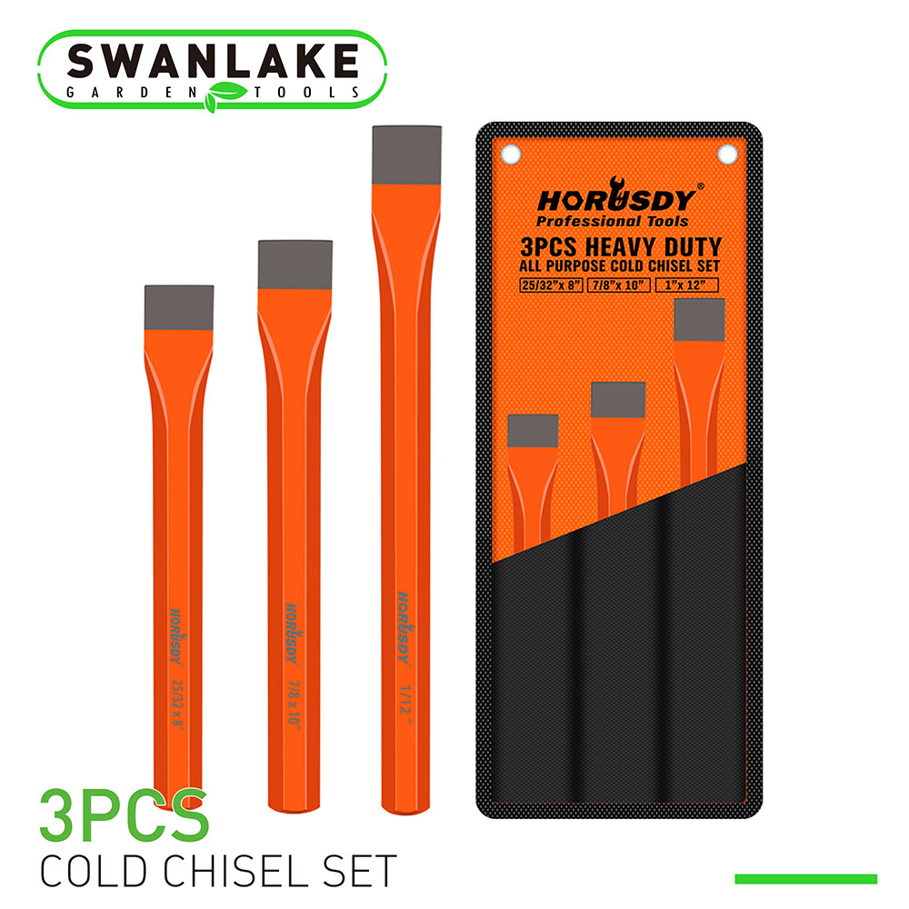 3 PC Cold Chisels Set – Long 8″ 10″ 12″ with Roll Pouch 1″ 7/8″ 25/32″ Hex Shaft