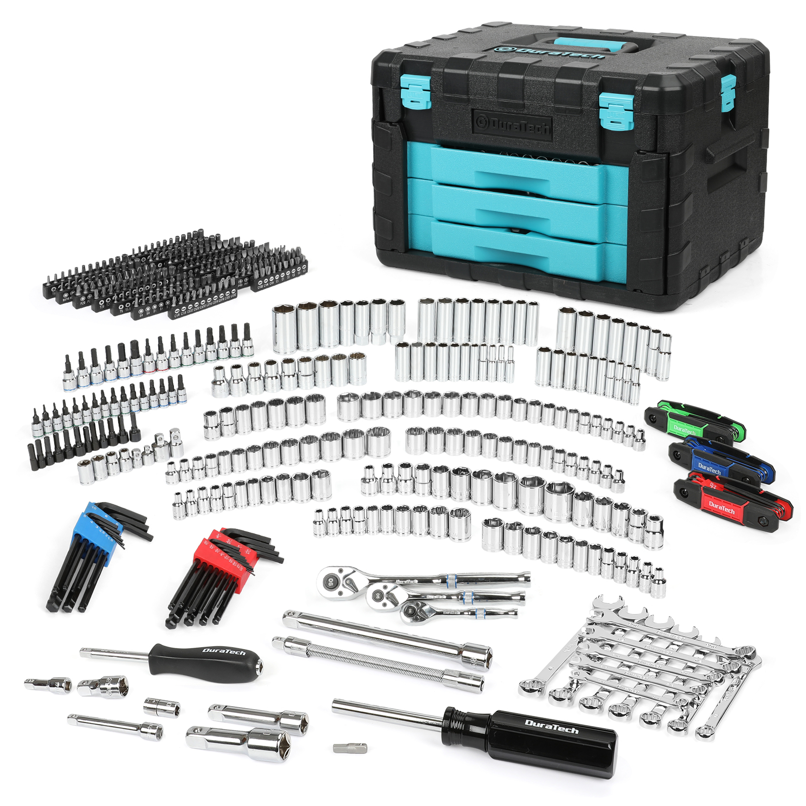 DURATECH 497 Piece Mechanics Tool Set Socket Wrenches SAE Metric W/3 Drawer Case