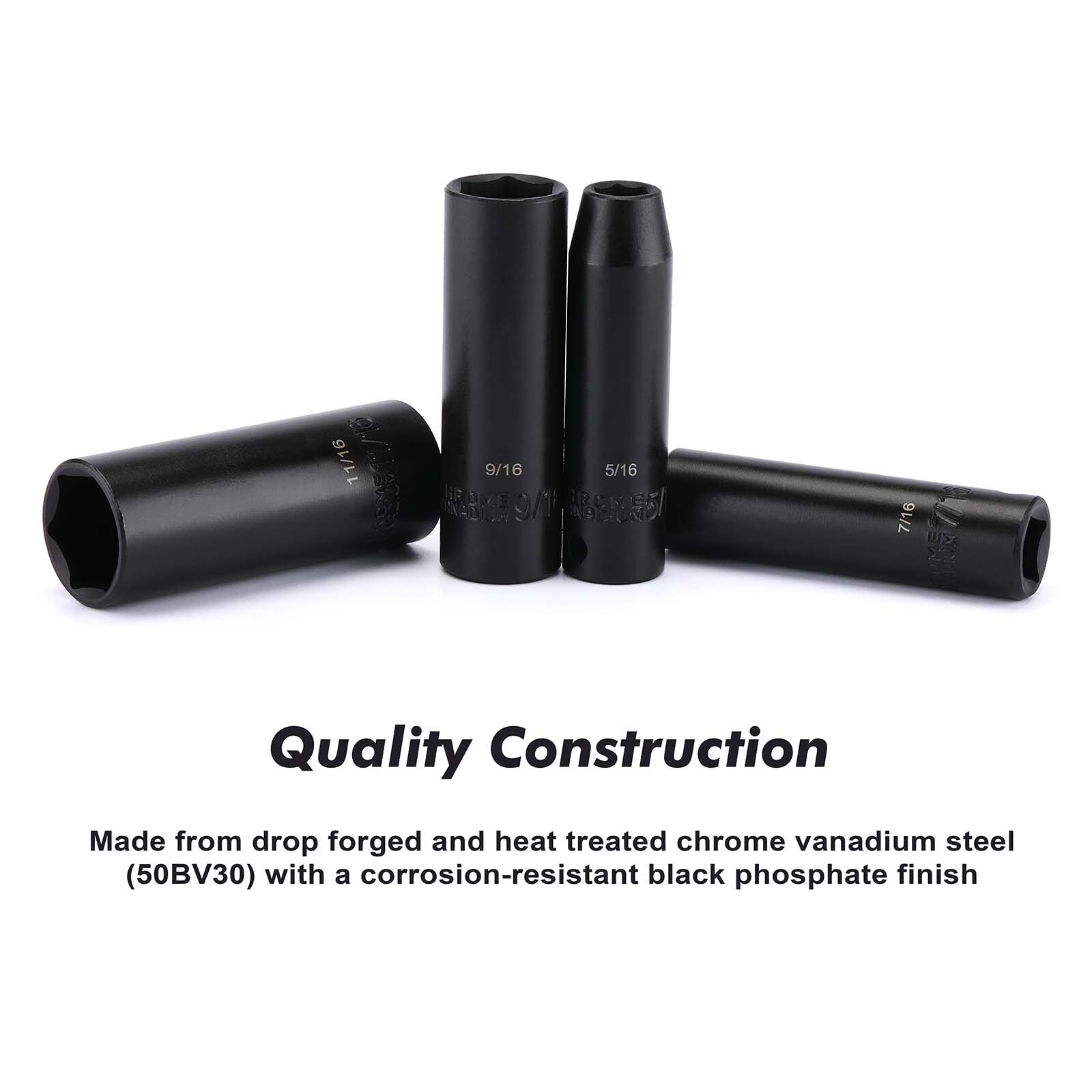 12 Pcs 3/8-Inch Drive Impact Socket Set 6-Point SAE, Deep, CR-V, 5/16″ to 1″,
