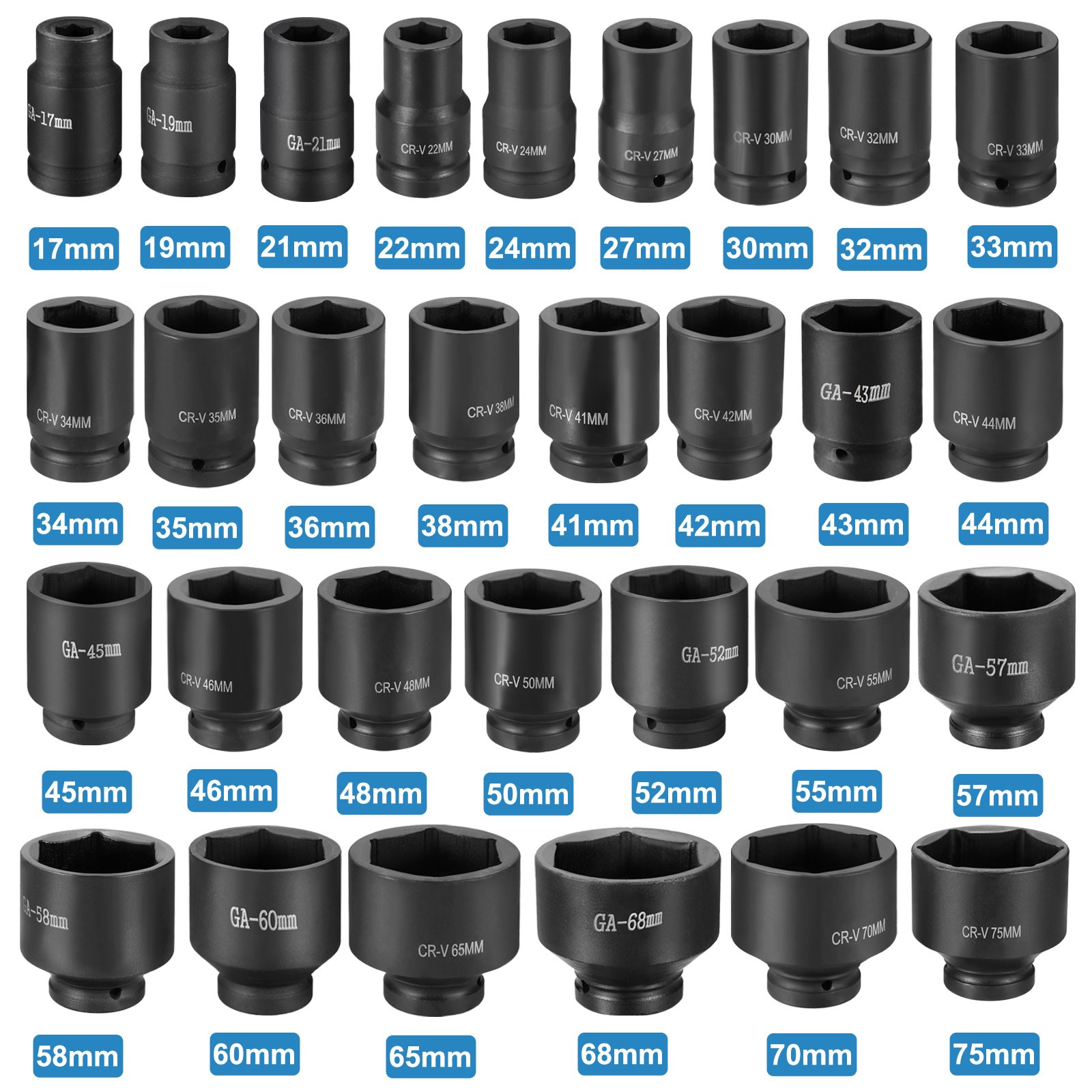 2pcs 1 Inch Drive 17mm 6 Point Impact Socket Chromium Vanadium Steel