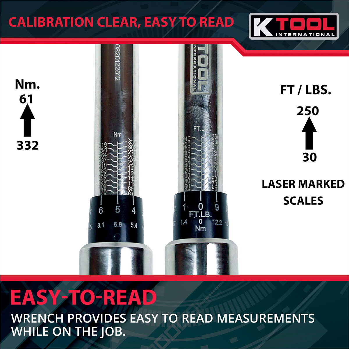 K-Tool 72126A 1/2″ Drive 24.5″ Long Adj Torque Wrench 30-250 ft/lb Capacity