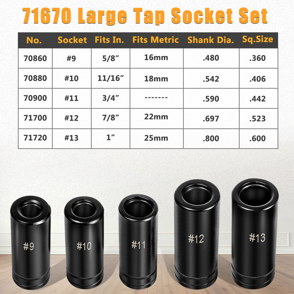 71670 Large Tap Socket Set, Fit 5/8″, 11/16″, 3/4″, 7/8″ & 1″ (16mm-25mm) Taps