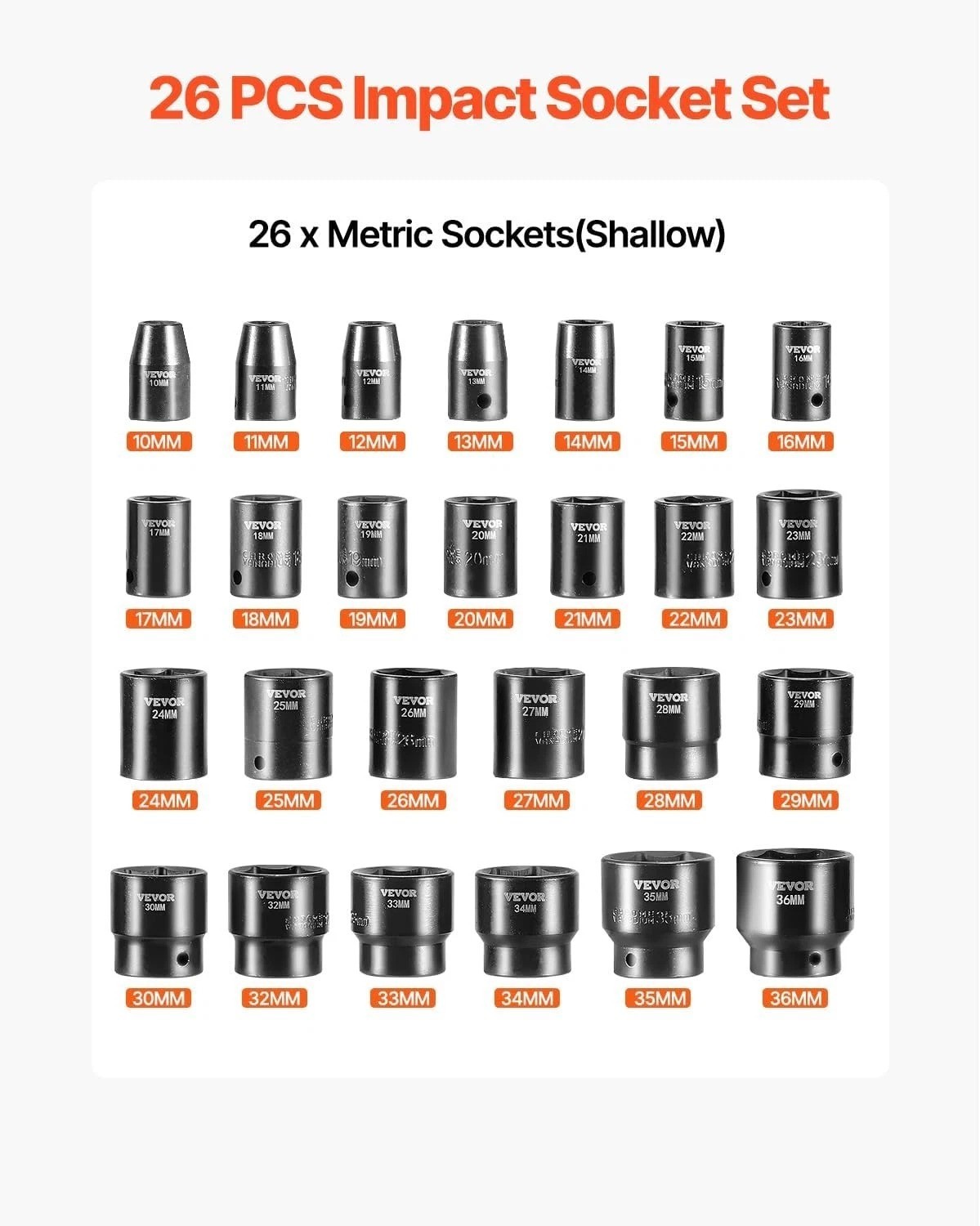 Compact 1/2″ Drive Impact Socket Set – 26-Piece Metric Set with 6-Point Design