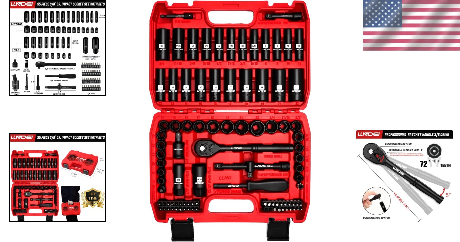 Impact Socket Set 95 Pieces SAE Metric Deep Shallow CR-V Steel Ratchet Drive